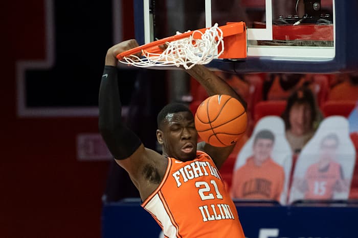 Illinois Fighting Illini center Kofi Cockburn (21) dunks the ball during the first half against the Penn State Nittany Lions at the State Farm Center.